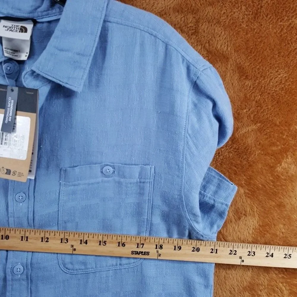 THE NORTH FACE Shirt Mens Medium Blue Button Up Cotton Hemp LOGHILL JACQUARD